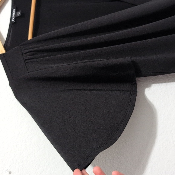 EXPRESS Satin Black Flutter Sleeve Wrap Front Bodysuit Women's Size Small - Picture 7 of 13